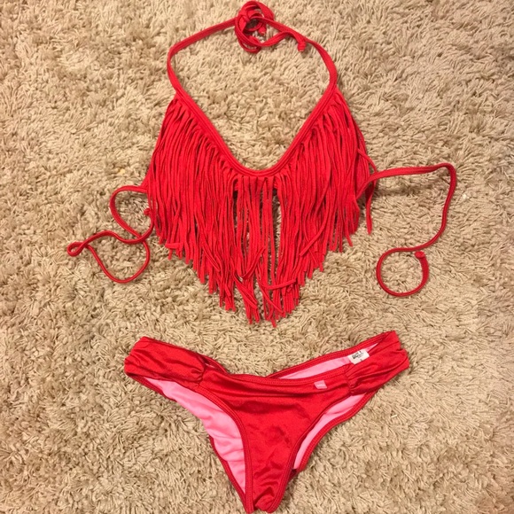 red fringe swimsuit